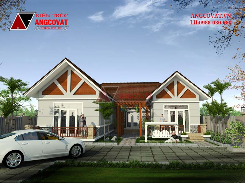 Phối cảnh 1 - Mẫu nhà hình chữ U 1 tầng mái thái 160m2