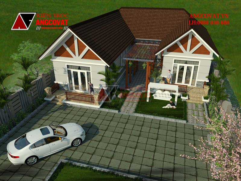 Phối cảnh 2 - Mẫu nhà hình chữ U 1 tầng mái thái 160m2