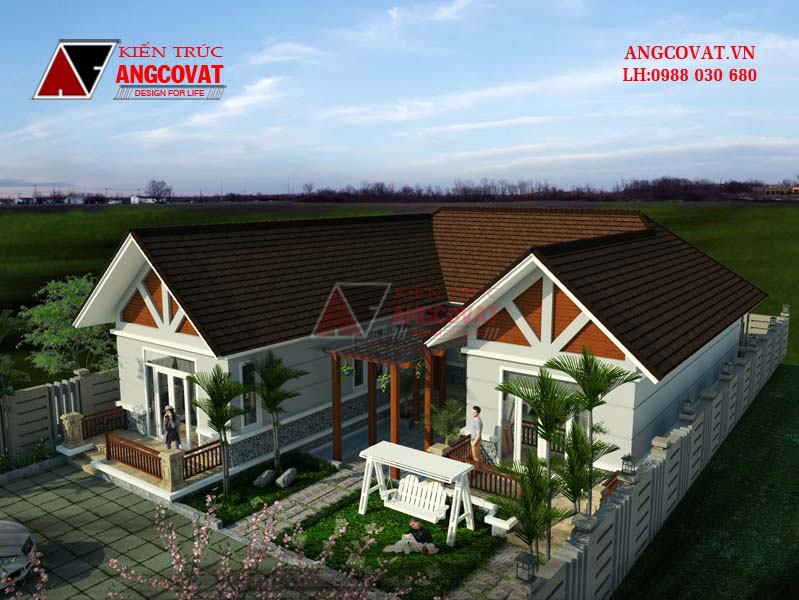 Phối cảnh 3 - Mẫu nhà hình chữ U 1 tầng mái thái 160m2