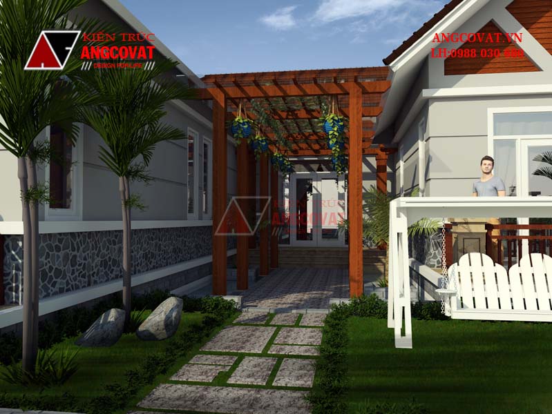 Phối cảnh 4 - Mẫu nhà hình chữ U 1 tầng mái thái 160m2