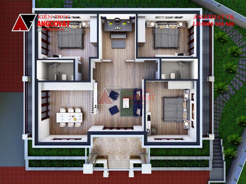 nội thất nhà 1 tầng 3 phòng ngủ