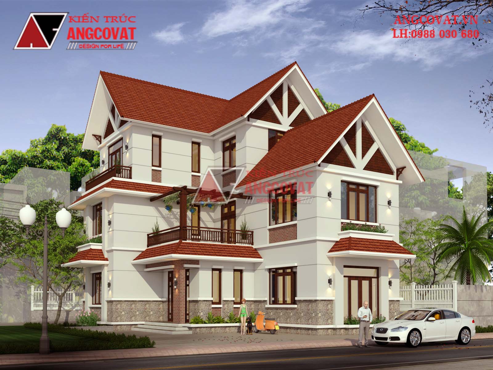 Mẫu thiết kế nhà biệt thự 3 tầng hình chữ L mái ngói 130m2 - 1