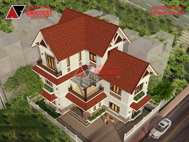 Mẫu thiết kế nhà biệt thự 3 tầng hình chữ L mái ngói 130m2 - 2