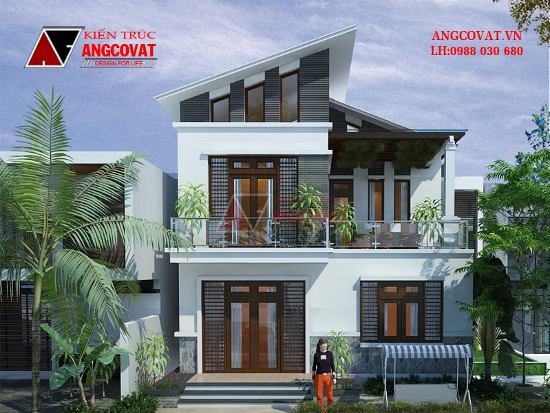 Mẫu nhà 2 tầng mái lệch 90m2 mặt tiền 9m 0