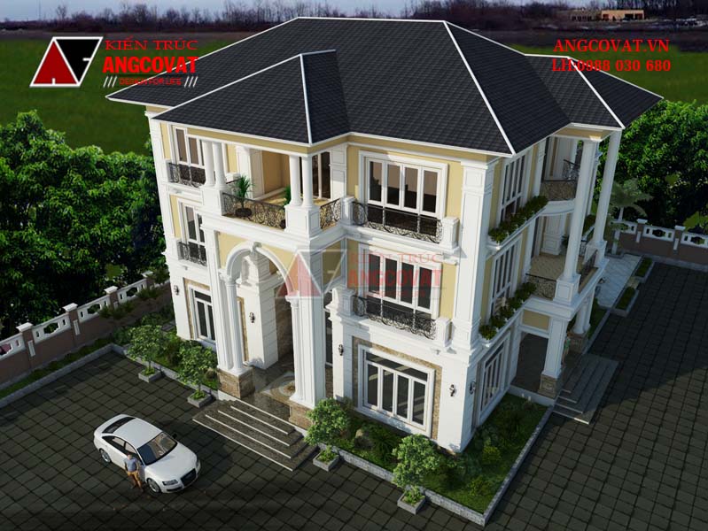 Thiết kế biệt thự 3 tầng cổ điển 300m2 có bể bơi 2