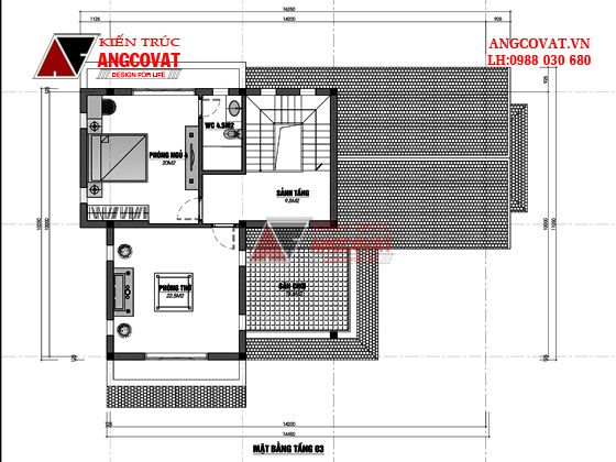 Biệt thự 3 tầng chữ L mái dốc hiện đại - mặt bằng tầng 3