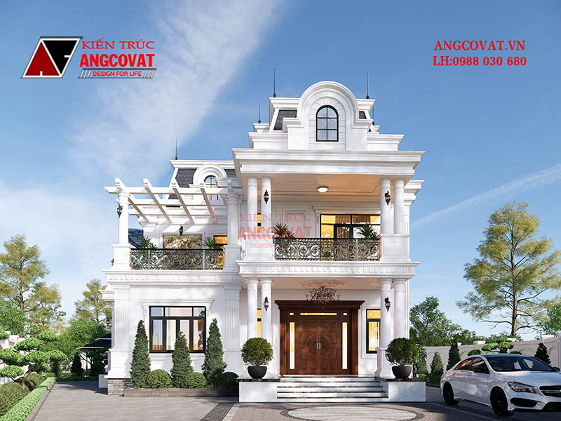 Hình ảnh mặt tiền của mẫu biệt thự 2 tầng kiểu Pháp 160m2 mái Mansard