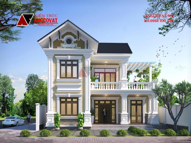 Mẫu nhà kiểu Pháp dáng chữ L 2 tầng 3 phòng ngủ mái thái sang trọng