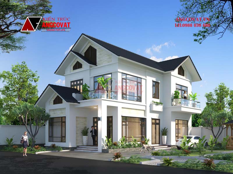 Mẫu biệt thự nhà vườn 2 tầng đơn giản đẹp hiện đại 115m2 có 4 phòng ngủ 2 mặt tiền
