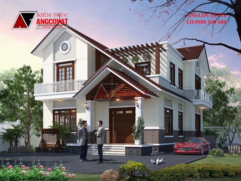 thiết kế mẫu nhà 2 tầng 12x15m 3 phòng ngủ mái nhật hiện đại ở Hải Dương