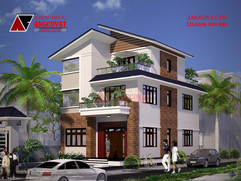 Chiêm ngưỡng mẫu thiết kế nhà 2 tầng 1 tum có mặt tiền 8m mái lệch độc đáo kích thước 29.5x14.5m