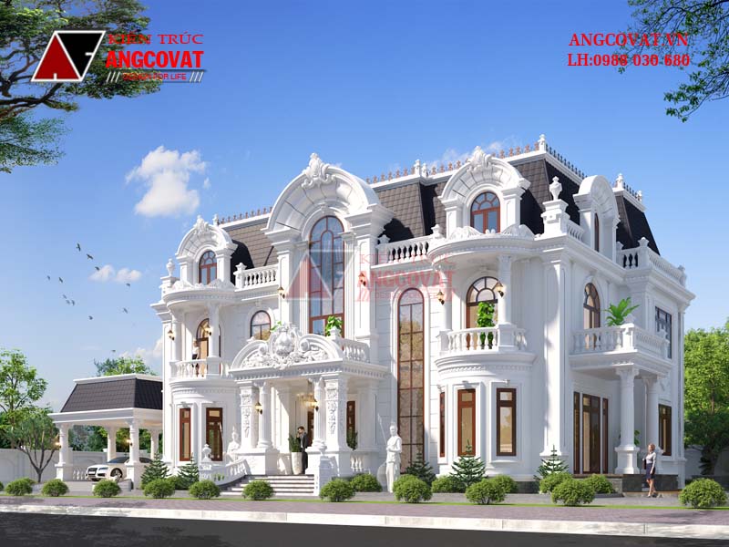 Thiết kế lâu đài 2 tầng áp mái phong cách cổ điển châu âu diện tích 260m2 có 5 phòng ngủ