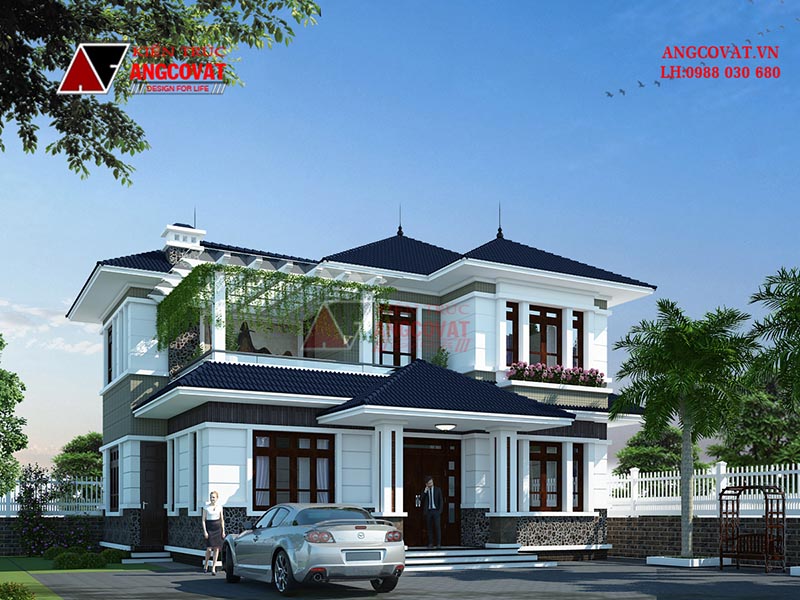 Bản vẽ mẫu nhà 2 tầng mái nhật phong cách hiện đại 3 phòng ngủ 120m2