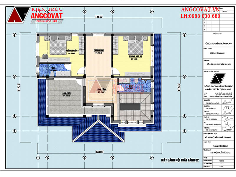 Sảnh tầng: 9m2; Phòng sinh hoạt chung: 12m2; Phòng ngủ 2: 14m2; Phòng ngủ 3: 14m2; Sân chơi: 11m2; WC2: 4m2; WC3: 4m2.
