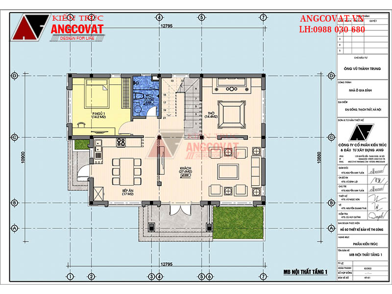 Công năng tầng 1 mẫu thiết kế nhà 2 tầng 4 phòng ngủ bao gồm các phòng chức năng như sau: Phòng khách 27.6m2, phòng bếp ăn kết hợp khu nấu nướng và bàn ăn: 17m2, WC1: 4m2, Phòng ngủ 1: 14.2m2, Phòng thờ: 14.4m2. Không gian phòng khách được thiết kế với diện tích rộng rãi, sang trọng và lịch sự.