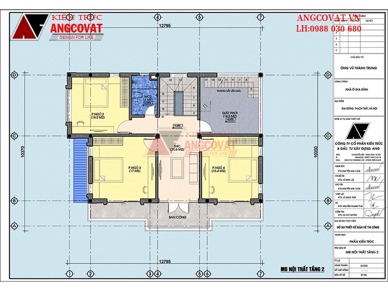 Phòng sinh hoạt chung của cả gia đình có diện tích là: 10.6m2, Phòng ngủ 2: 14.2m2, Phòng ngủ 3: 17m2, Phòng ngủ 4: 15.4m2, WC2: 4m2, WC4: 4.5m2, Phòng giặt: 14.5m2