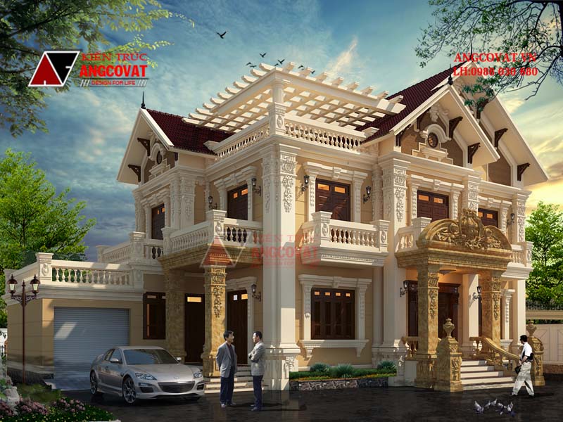 thiết kế nhà kiểu lâu đài 200m2 phong cách cổ điển pháp lộng lẫy ở Ba Vì - Hà Nội với gam màu vàng là chủ đạo