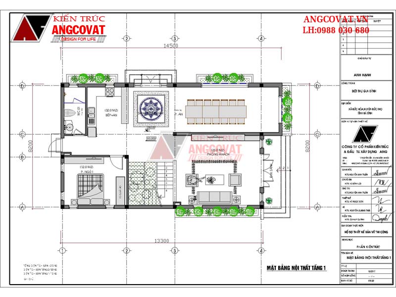 Đại sảnh, Phòng khách 25m2, Phòng ăn 20m2, Sảnh trung tâm 10m2, Phòng bếp: 12m2, WC1. 3.5m2, Phòng ngủ 1: 12m2