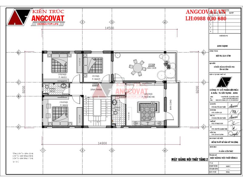 Sảnh thang: 3.6m2, Phòng ngủ 2: 15m2, WC2: 4m2, Phòng ngủ 3: 14m2, Phòng ngủ 4: 9.5m2, Sân chơi, Phòng ngủ bố mẹ: 20m2, Ban công.