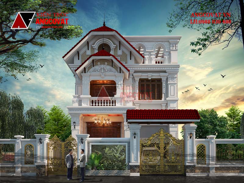 biệt thự 2 tầng phong cách cổ điển thiết kế nhiều họa tiết hoa văn cầu kỳ