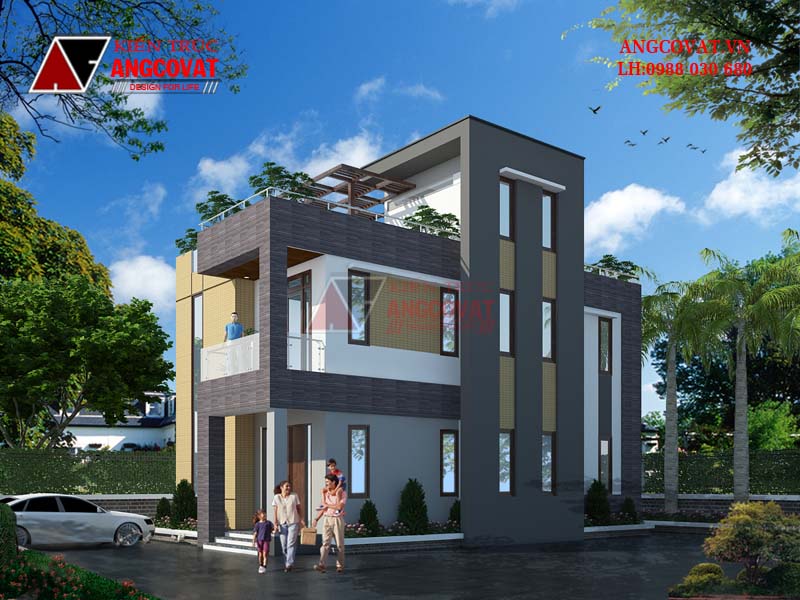 Thiết kế mẫu nhà 2 tầng 1 tum hiện đại diện tích 100m2 trên đất hình thang