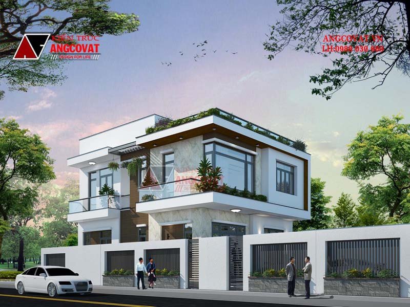 Nhà vuông 2 tầng mái bằng hiện đại 13x13m 5 phòng ngủ