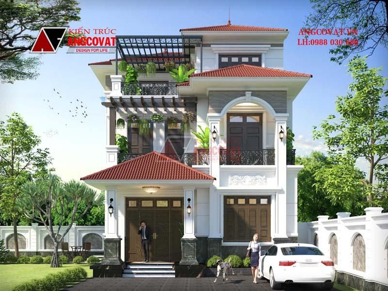 Mặt tiền kiến trúc mẫu biệt thự 3 tầng 100m2 mái thái đẹp