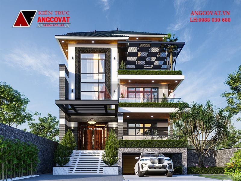Mặt tiền mẫu nhà biệt thự 3 tầng đẹp hiện đại nhà vườn tầng hầm có hồ bơi hiện đại