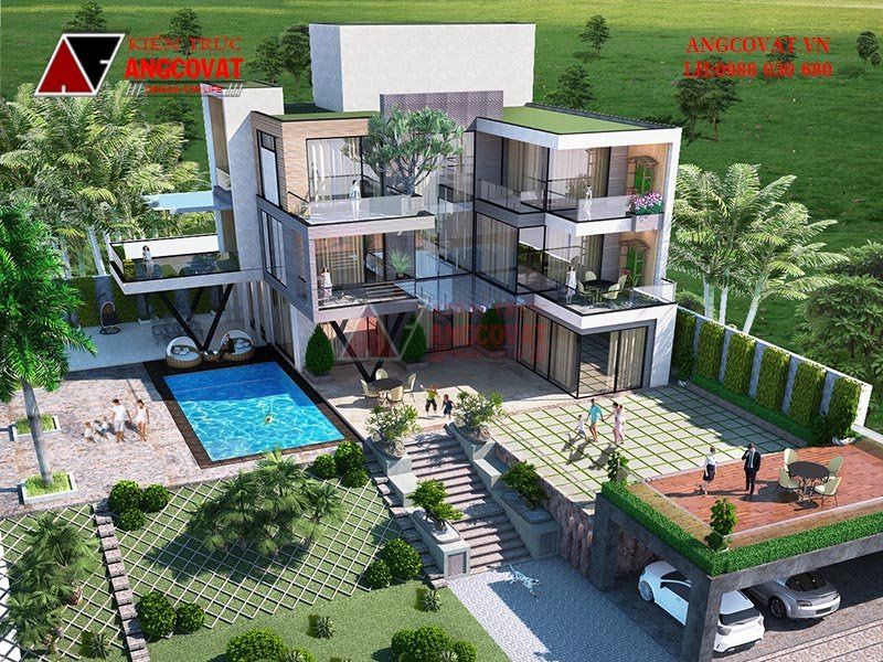 Bản vẽ thiết kế biệt thự 3 tầng mái bằng 250m2 kiến trúc hiện đại đẳng cấp