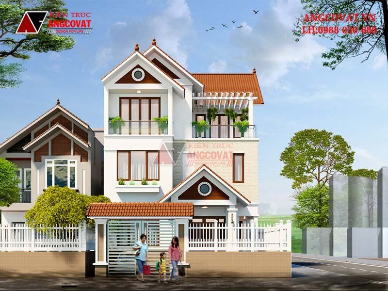 Bản vẽ phối cảnh nhà biệt thự 3 tầng mái thái sở hữu màu sắc hiện đại, độc đáo