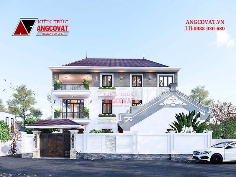 Mẫu thiết kế nhà 3 tầng 4 phòng ngủ mặt tiền 16m hiện đại