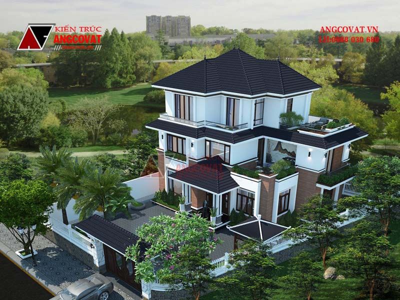 Thiết kế biệt thự 3 tầng 5 phòng ngủ 140m2 mái Nhật hiện đại