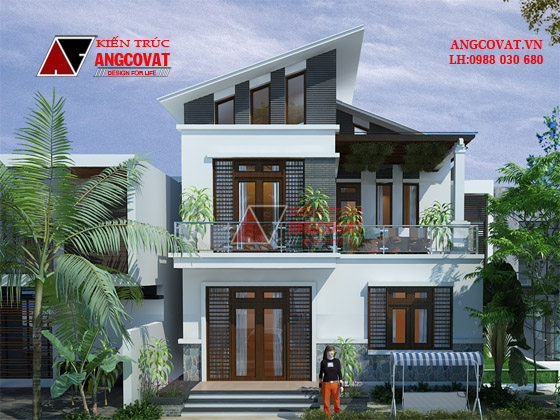 Mẫu nhà 2 tầng mái lệch 90m2 mặt tiền 9m 0