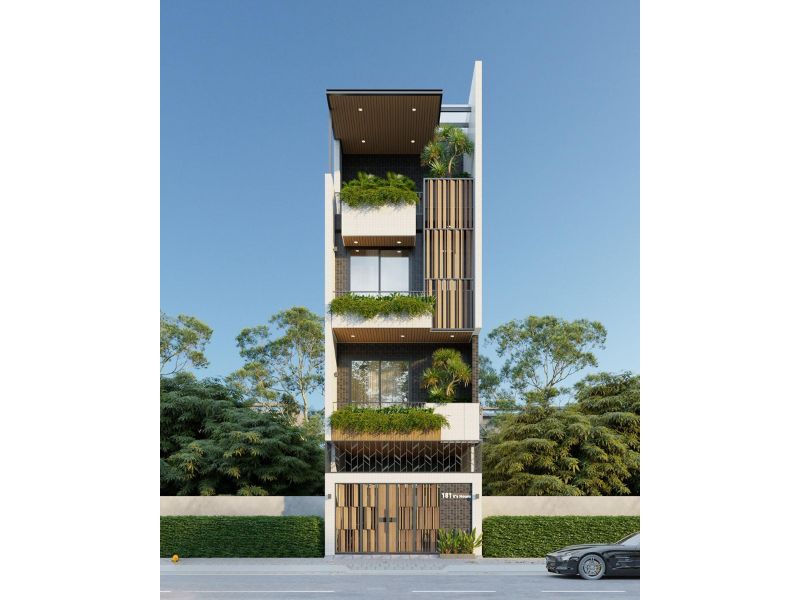 Thiết kế nhà phố 5 tầng có gara ô tô phía trước nhà