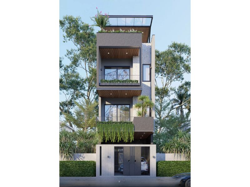 Nhà 5 tầng mái bằng kiến trúc hiện đại tone xám