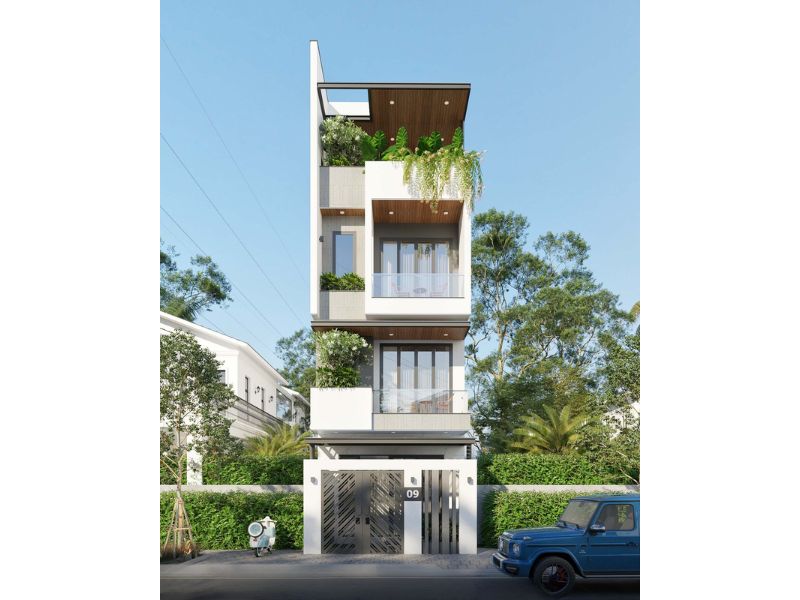 Kiến trúc nhà 5 tầng bố trí không gian xanh ở khu vực tầng thượng
