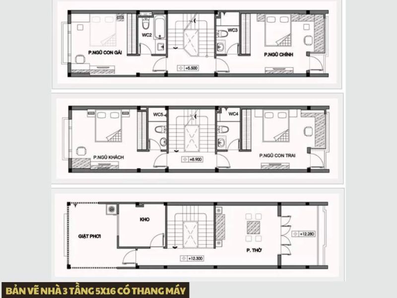 Cách bố trí công năng trong nhà phố 5x16m có thang máy