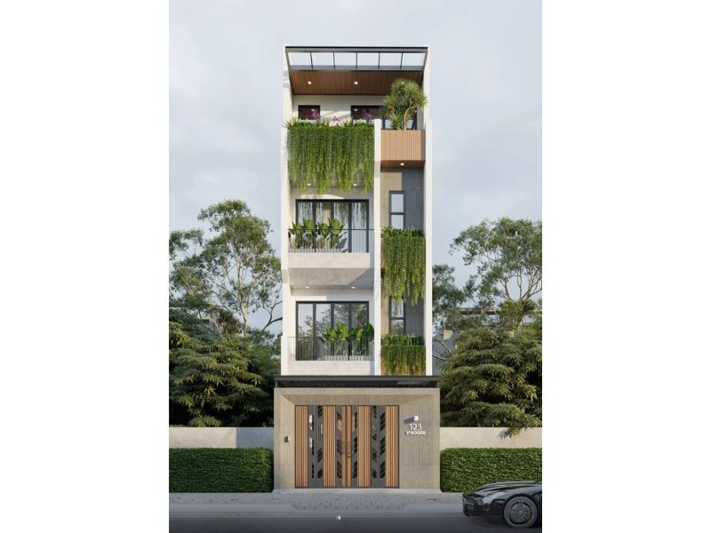 Kiến trúc nhà phố 4 tầng hiện đại có khoảng sân phía trước