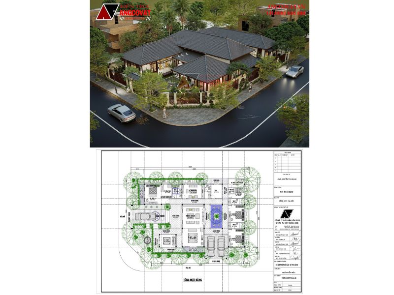 Mặt bằng biệt thự 1 tầng 320m2 tứ hợp viện