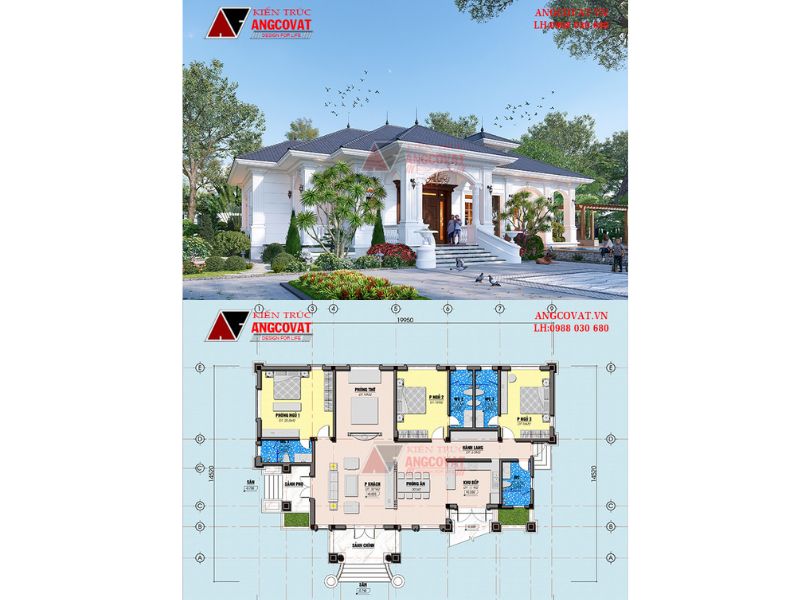 Mặt bằng công năng nhà biệt thự 1 tầng tân cổ điển có bể bơi