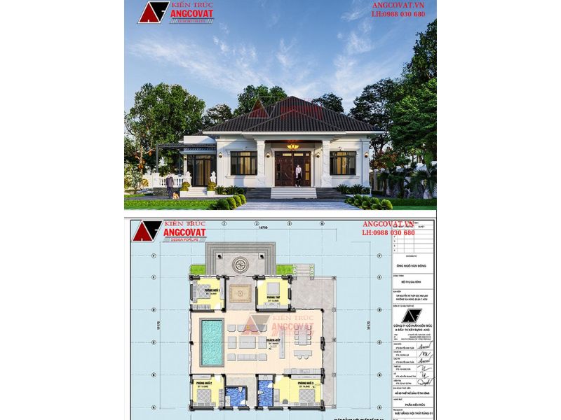 Mặt bằng biệt thự 1 tầng mái Nhật 3 phòng ngủ