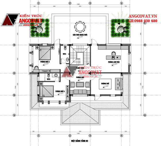 Mặt bằng tầng 2 - Top 5 mẫu biệt thự 2 tầng phong cách nhà vườn mái thái đẹp BT22375