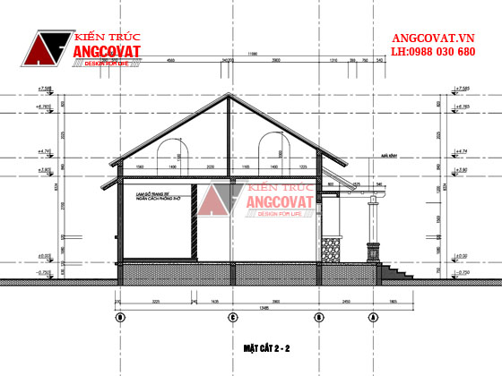 Mặt cắt 2 - Mẫu biệt thự nhà vườn cấp 4 200m2 mái thái 4 phòng ngủ BT127105 ở Hòa Bình