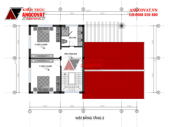 Mặt bằng tầng 2 - Top 5 mẫu biệt thự 2 tầng phong cách nhà vườn mái thái BT211255