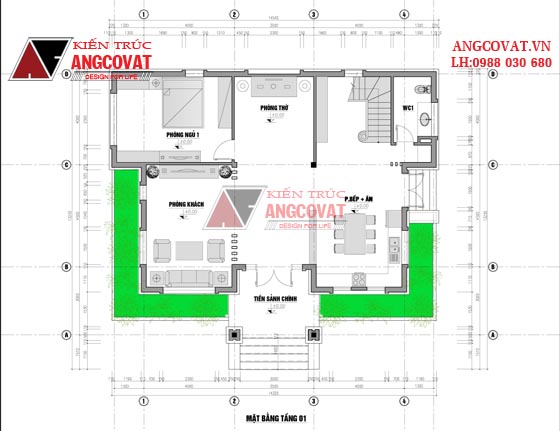 Mặt bằng tầng 1 - Top 5 mẫu biệt thự 2 tầng phong cách nhà vườn mái thái đẹp BT 21565