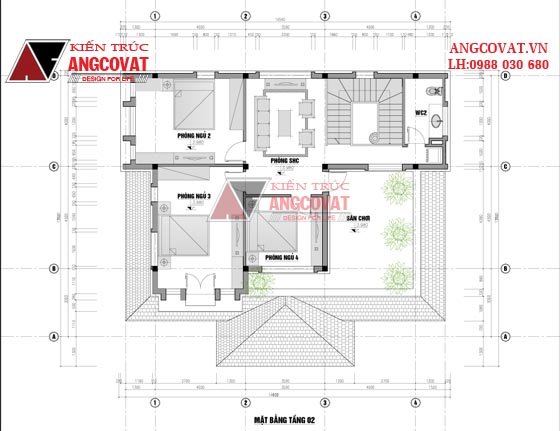 Mặt bằng tầng 2 - Top 5 mẫu biệt thự 2 tầng phong cách nhà vườn mái thái đẹp BT 21565