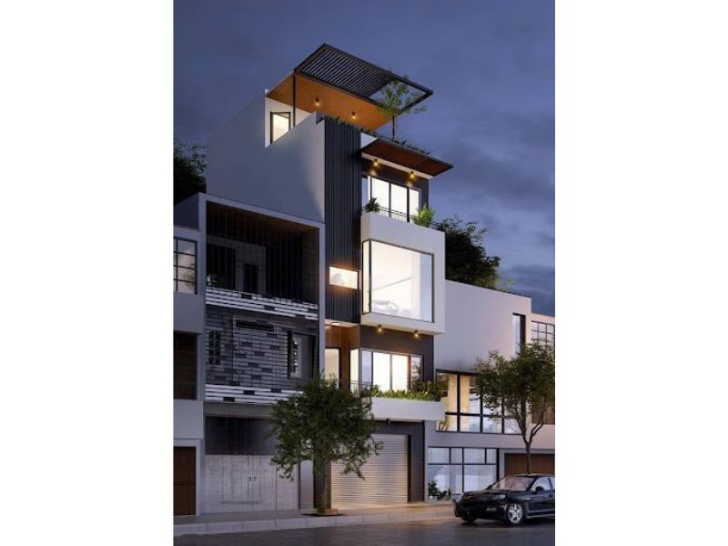 Kiến trúc nhà phố đẹp có thang máy dưới màn đêm