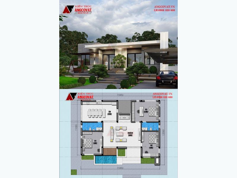 Nhà cấp 4 mái Nhật 3 phòng ngủ diện tích 130m2