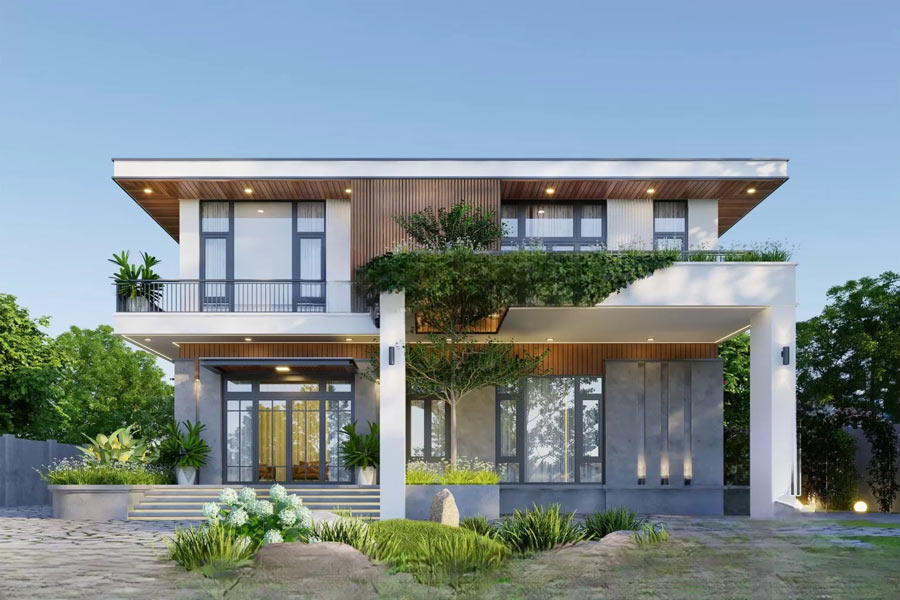 Sử dụng tone màu trung tính cho biệt thự 2 tầng mái bằng 160m2 không lo lỗi mốt