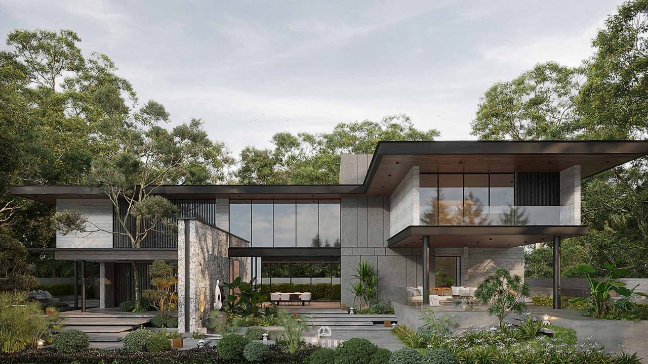 Thiết kế biệt thự 2 tầng mái bằng 160m2 có sân vườn ở quê